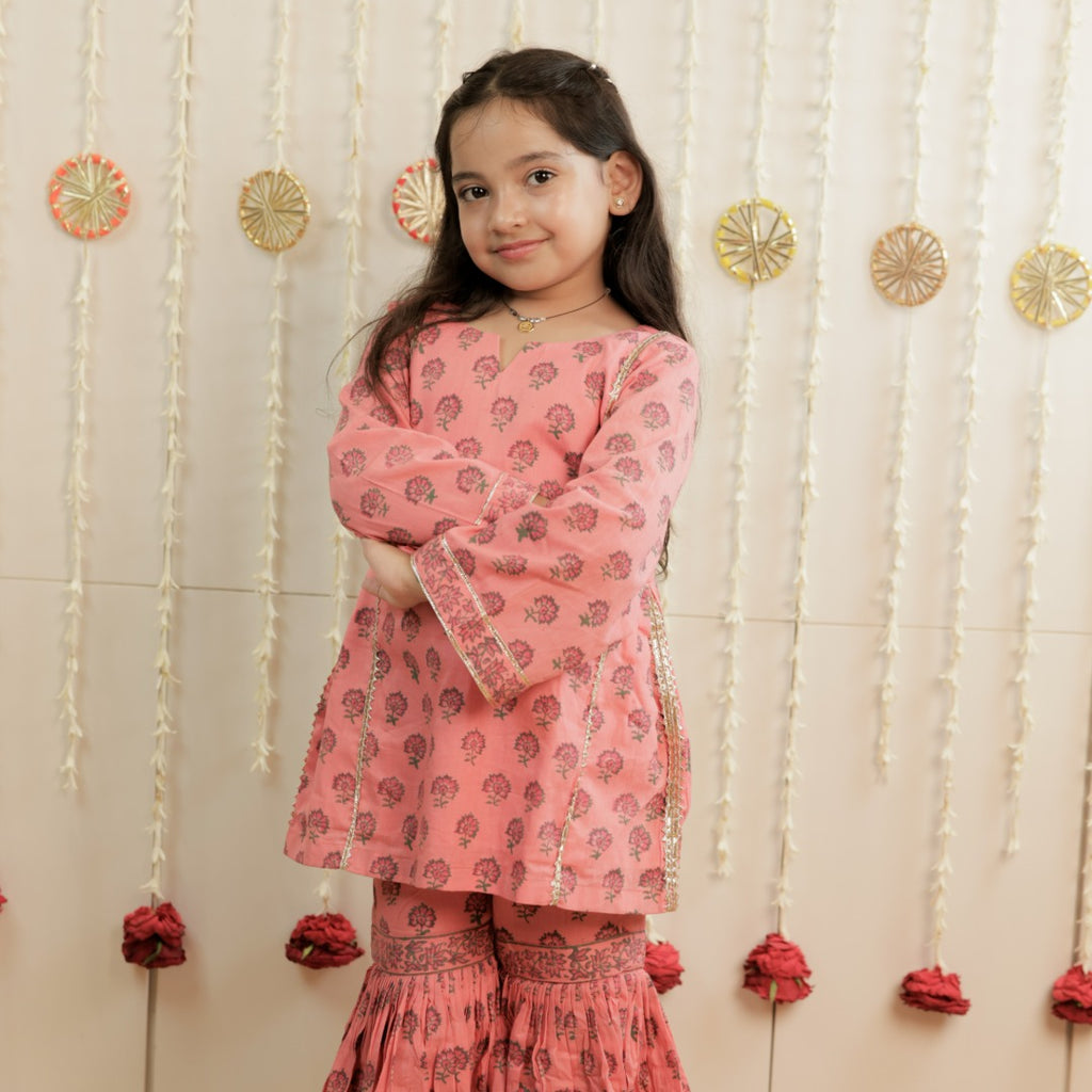 Blush Bloom Hand Block Printed Garara Set for Girls