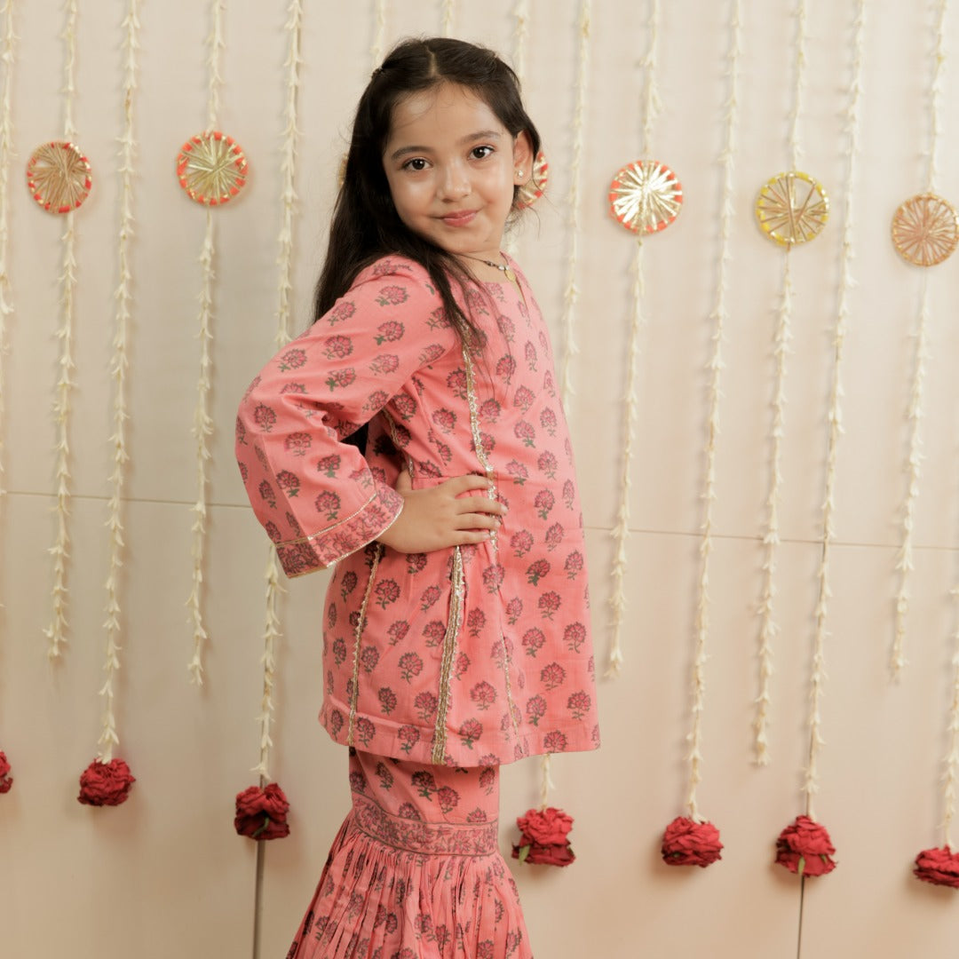 Blush Bloom Hand Block Printed Garara Set for Girls