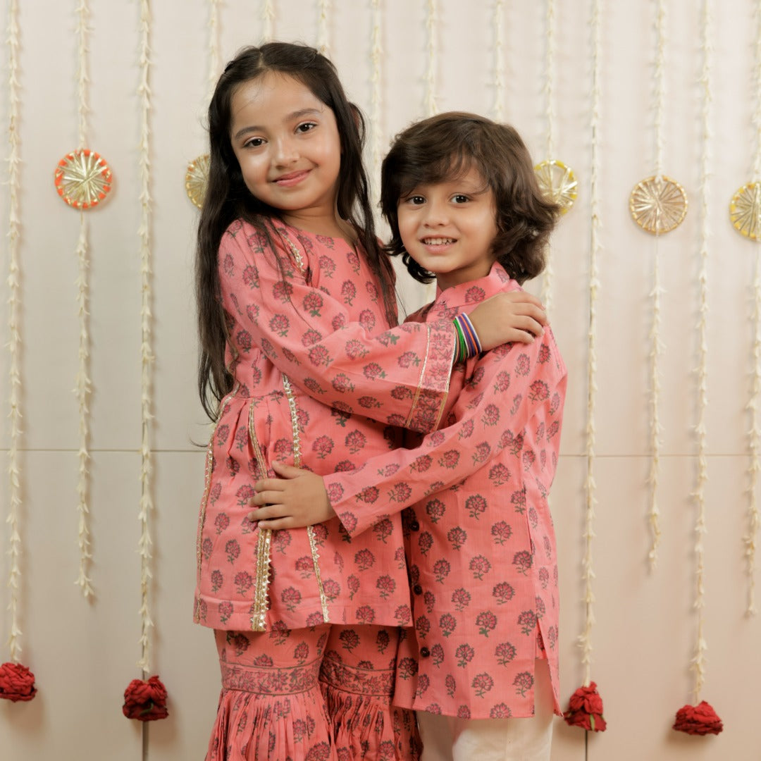 Blush Bloom Hand Block Printed Garara Set for Girls
