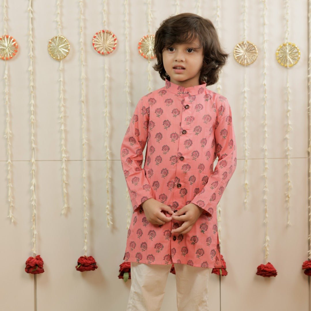 Blush Bloom Hand Block Printed Kurta Set for Boys