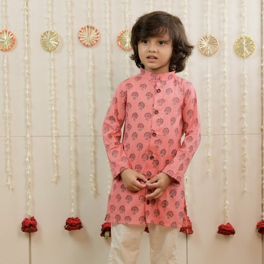 Blush Bloom Hand Block Printed Kurta Set for Boys