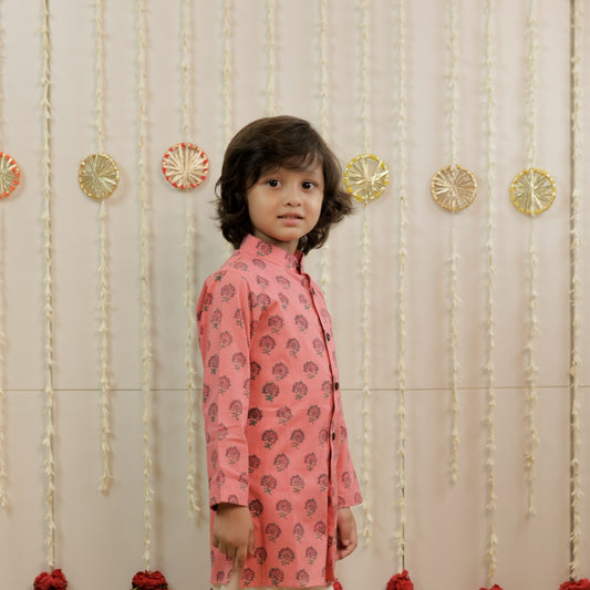 Blush Bloom Hand Block Printed Kurta Set for Boys