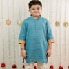 Teal Blue Petal Stripe Hand Block Printed Kurta Set for Boys