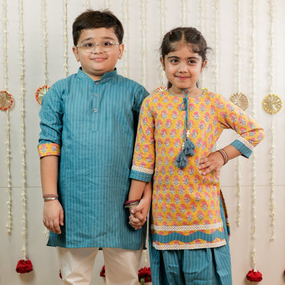 Teal Blue Petal Stripe Hand Block Printed Kurta Set for Boys