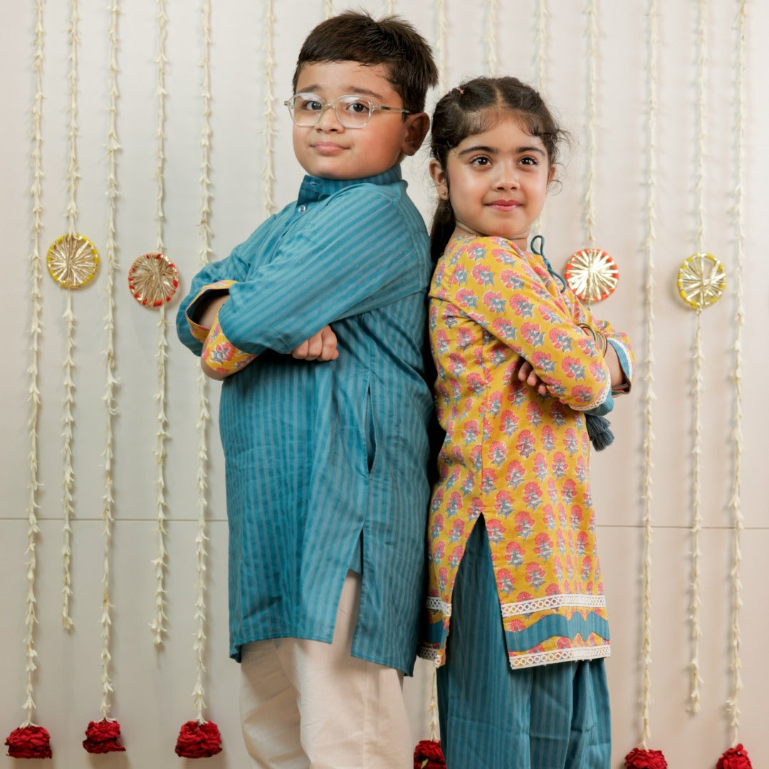 Teal Blue Petal &amp; Stripe Hand Block Printed Farshi Salwar Set for Girls