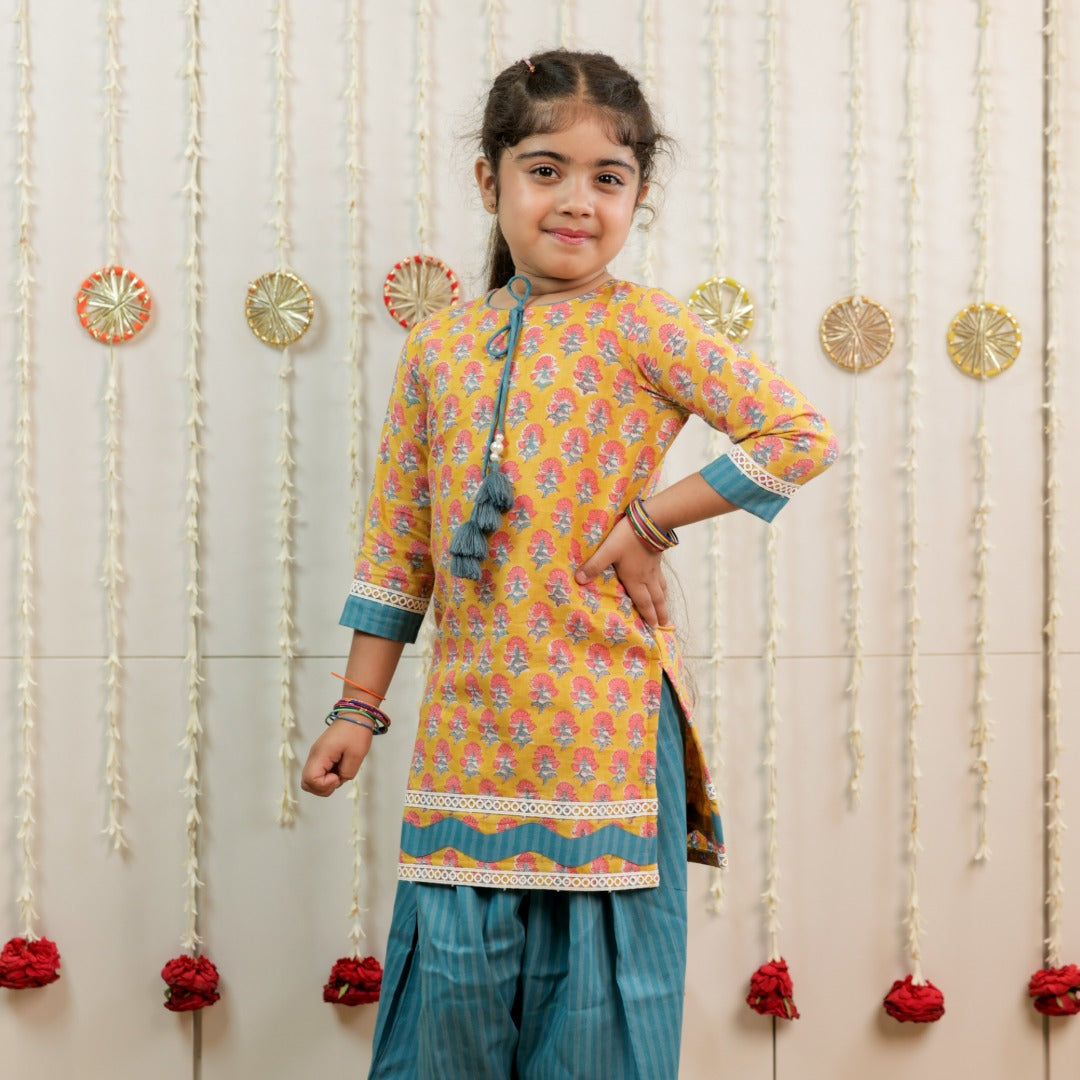 Teal Blue Petal &amp; Stripe Hand Block Printed Farshi Salwar Set for Girls