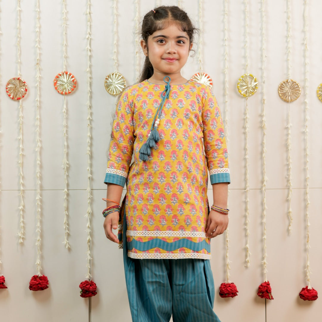 Teal Blue Petal &amp; Stripe Hand Block Printed Farshi Salwar Set for Girls