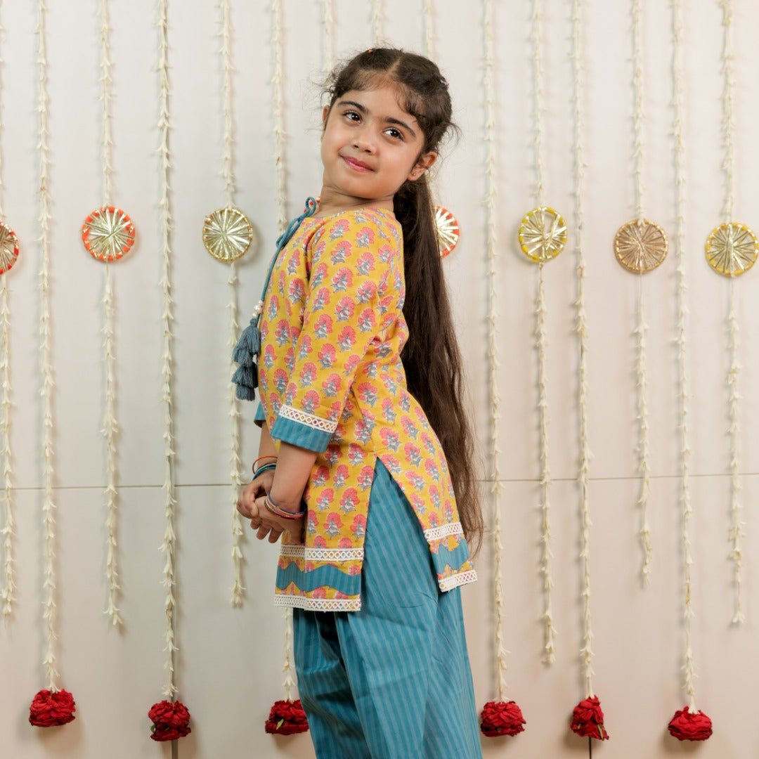 Teal Blue Petal &amp; Stripe Hand Block Printed Farshi Salwar Set for Girls
