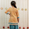 Teal Blue Petal &amp; Stripe Hand Block Printed Farshi Salwar Set for Girls