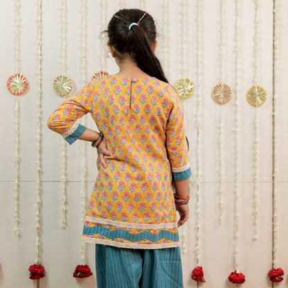Teal Blue Petal &amp; Stripe Hand Block Printed Farshi Salwar Set for Girls