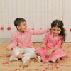 Pink Peach Hand Block Printed Angrakha Set with Pants for Girls