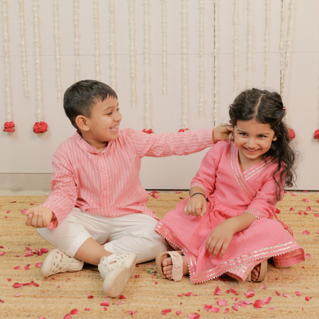 Pink Peach Hand Block Printed Kurta Set for Boys