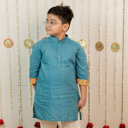 Teal Blue Petal Stripe Hand Block Printed Kurta Set for Boys