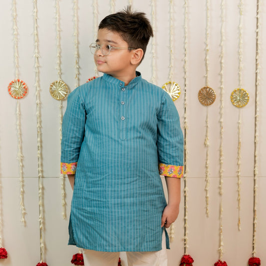 Teal Blue Petal Stripe Hand Block Printed Kurta Set for Boys