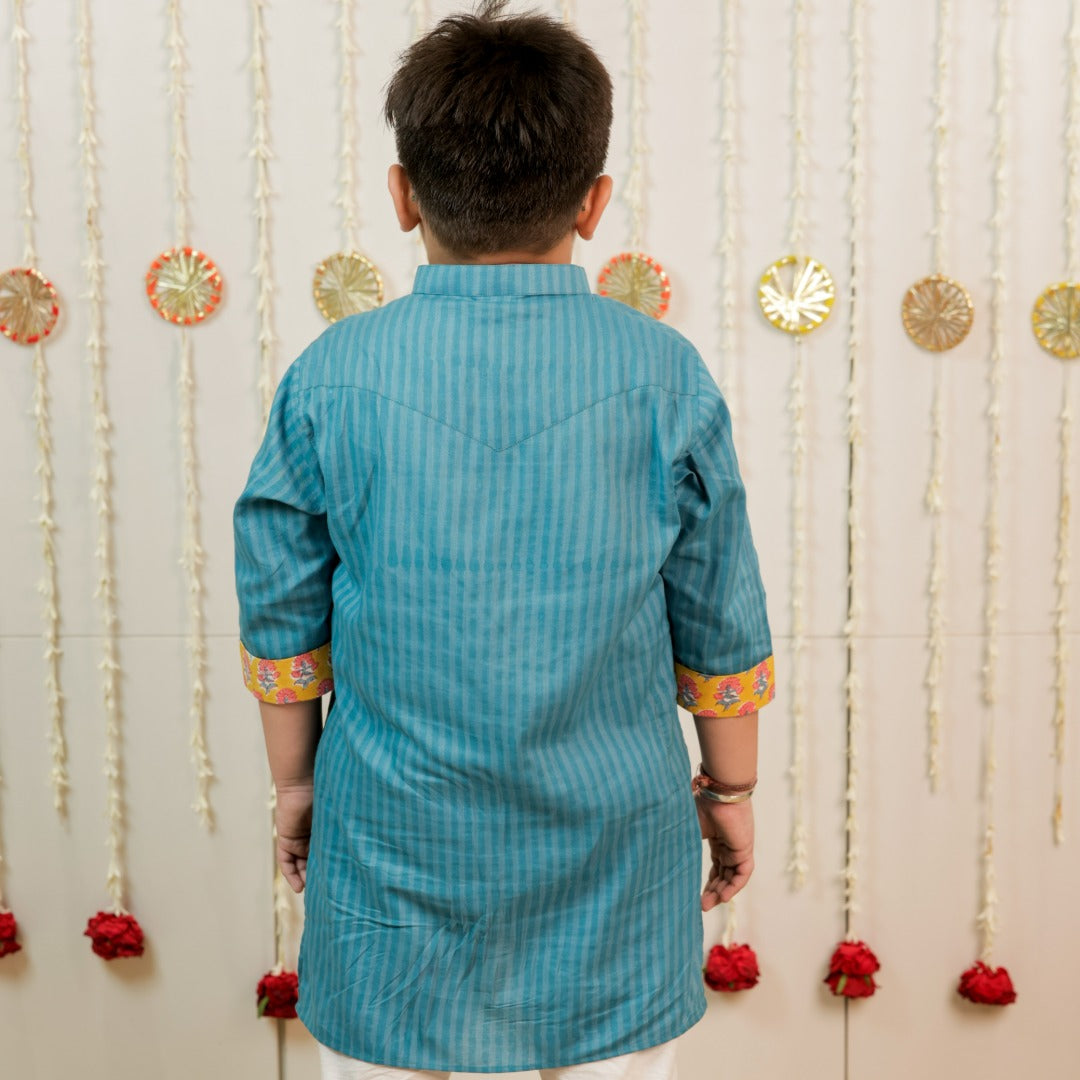 Teal Blue Petal Stripe Hand Block Printed Kurta Set for Boys