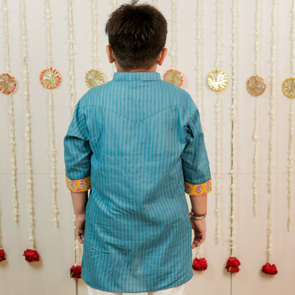 Teal Blue Petal Stripe Hand Block Printed Kurta Set for Boys