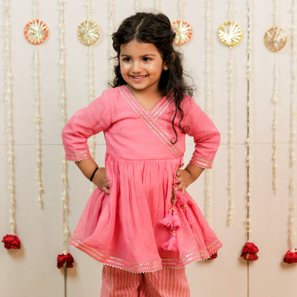 Pink Peach Hand Block Printed Angrakha Set with Pants for Girls