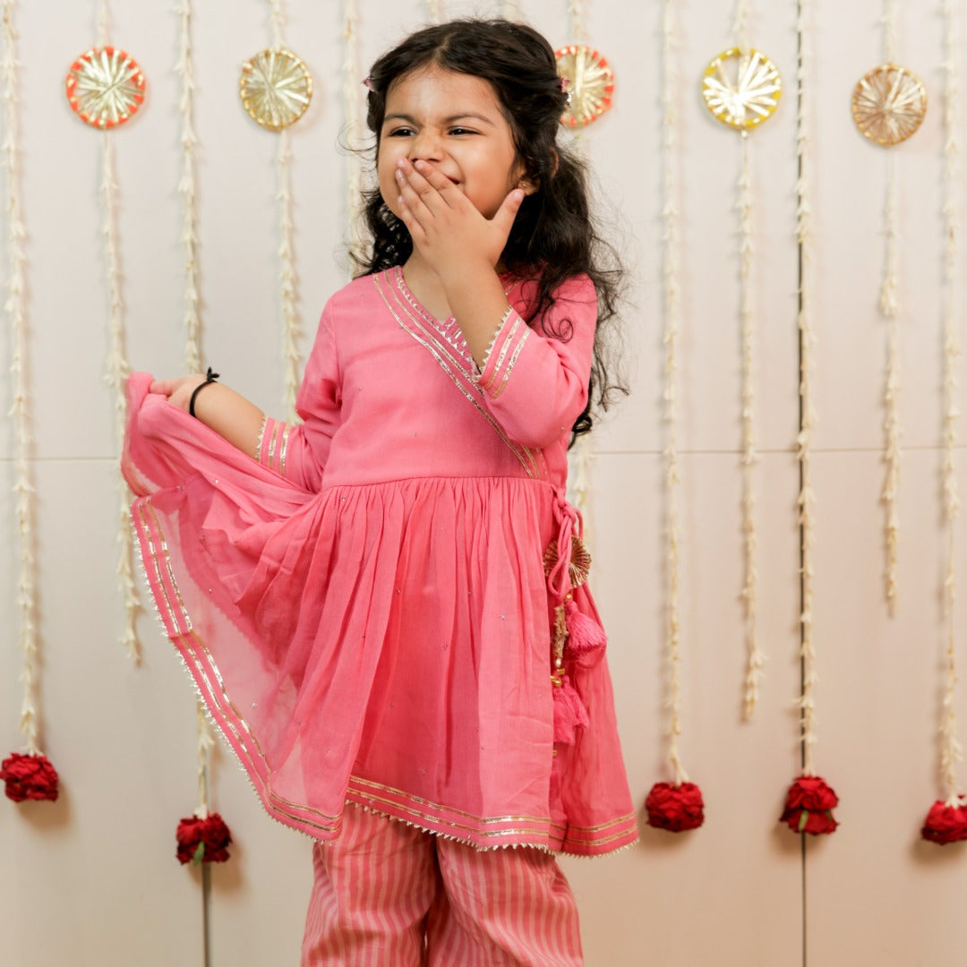 Pink Peach Hand Block Printed Angrakha Set with Pants for Girls