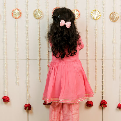 Pink Peach Hand Block Printed Angrakha Set with Pants for Girls