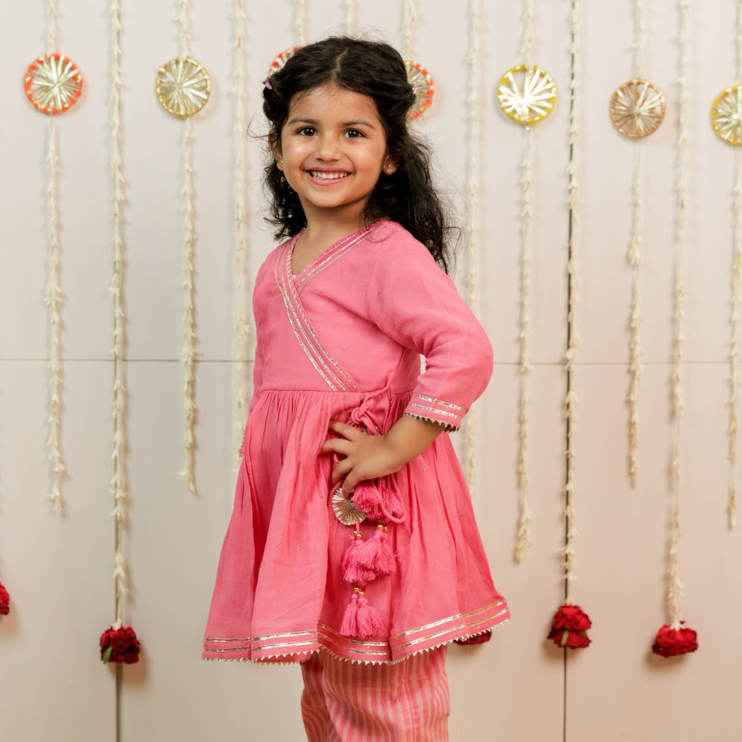 Pink Peach Hand Block Printed Angrakha Set with Pants for Girls