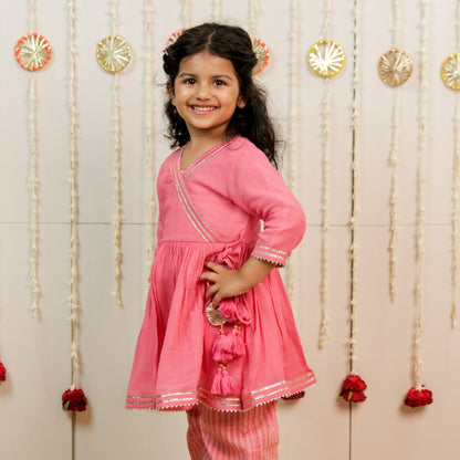 Pink Peach Hand Block Printed Angrakha Set with Pants for Girls