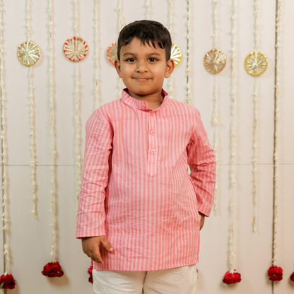 Pink Peach Hand Block Printed Kurta Set for Boys