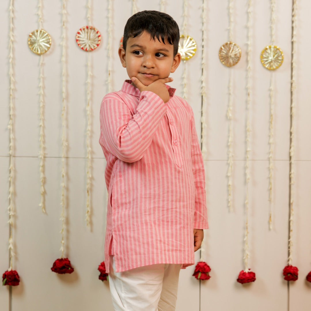 Pink Peach Hand Block Printed Kurta Set for Boys