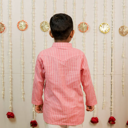 Pink Peach Hand Block Printed Kurta Set for Boys