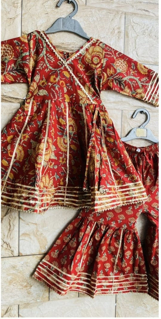 Maroon Floral Cotton Sharara Set with Gota Detailing for Girls