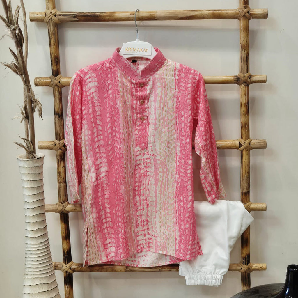 Pastel Pink Shaded Pure Cotton Kurta with White Pyjama for Boys