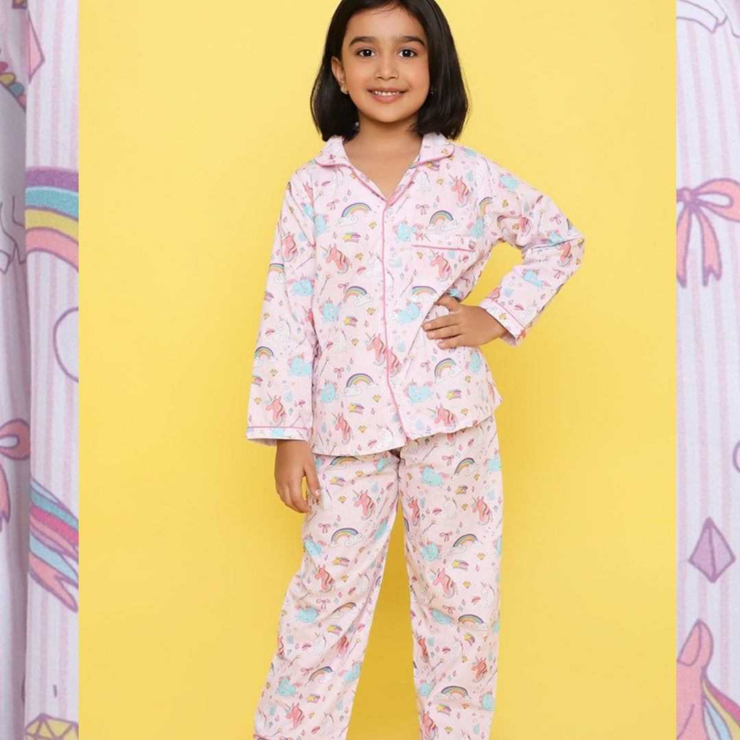 Unicorns in Stripes Printed Night Suit for Kids