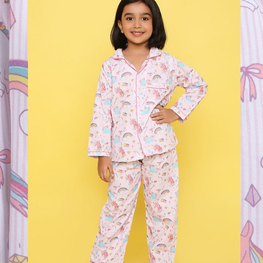 Unicorns in Stripes Printed Night Suit for Kids
