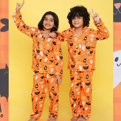 Halloween in Orange Printed Night Suit for Kids
