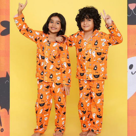 Halloween in Orange Printed Night Suit for Kids