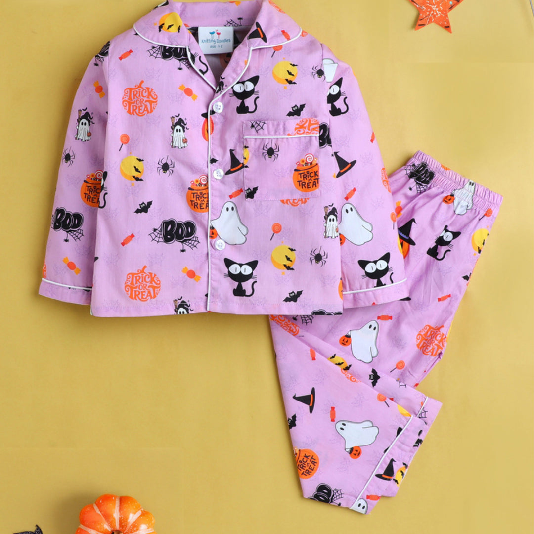 Halloween in Purple Printed Night Suit for Kids