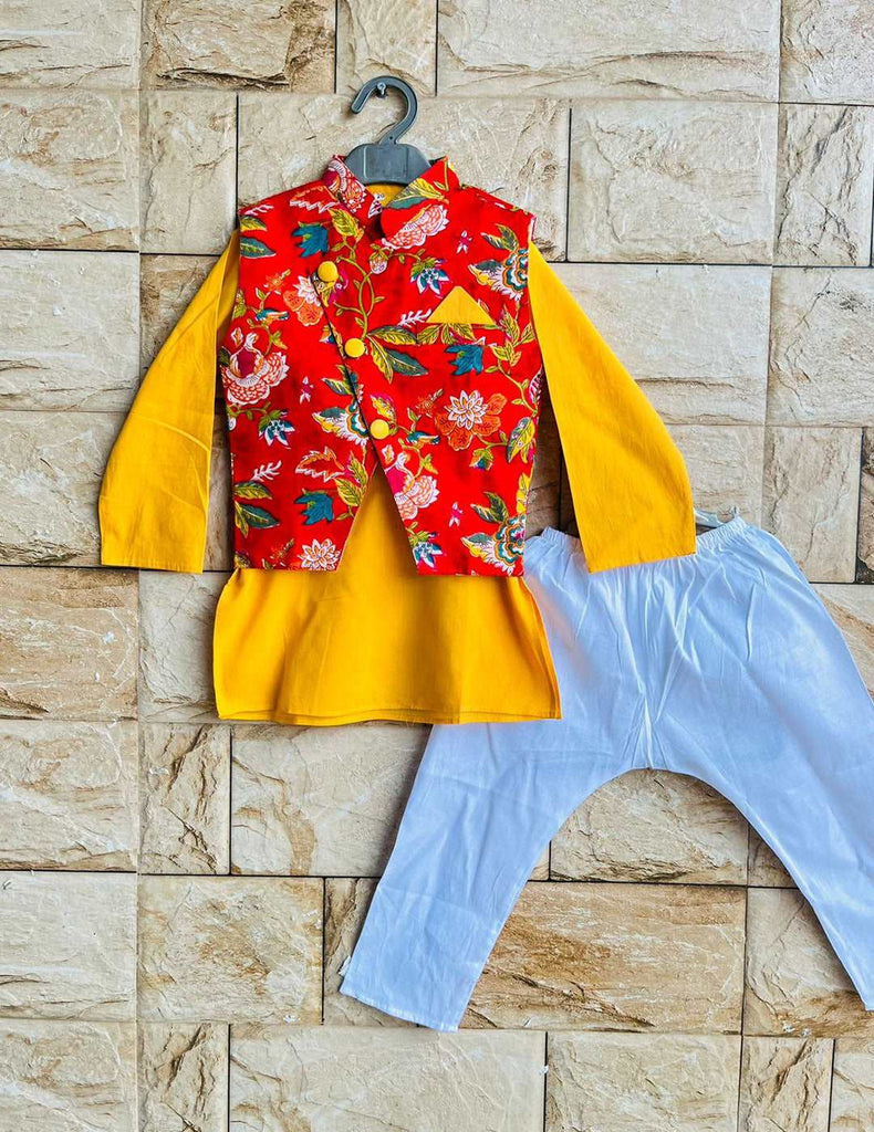 Red and Yellow Pure Cotton Bundi Jacket Set with Kurta Pyjama for Boys
