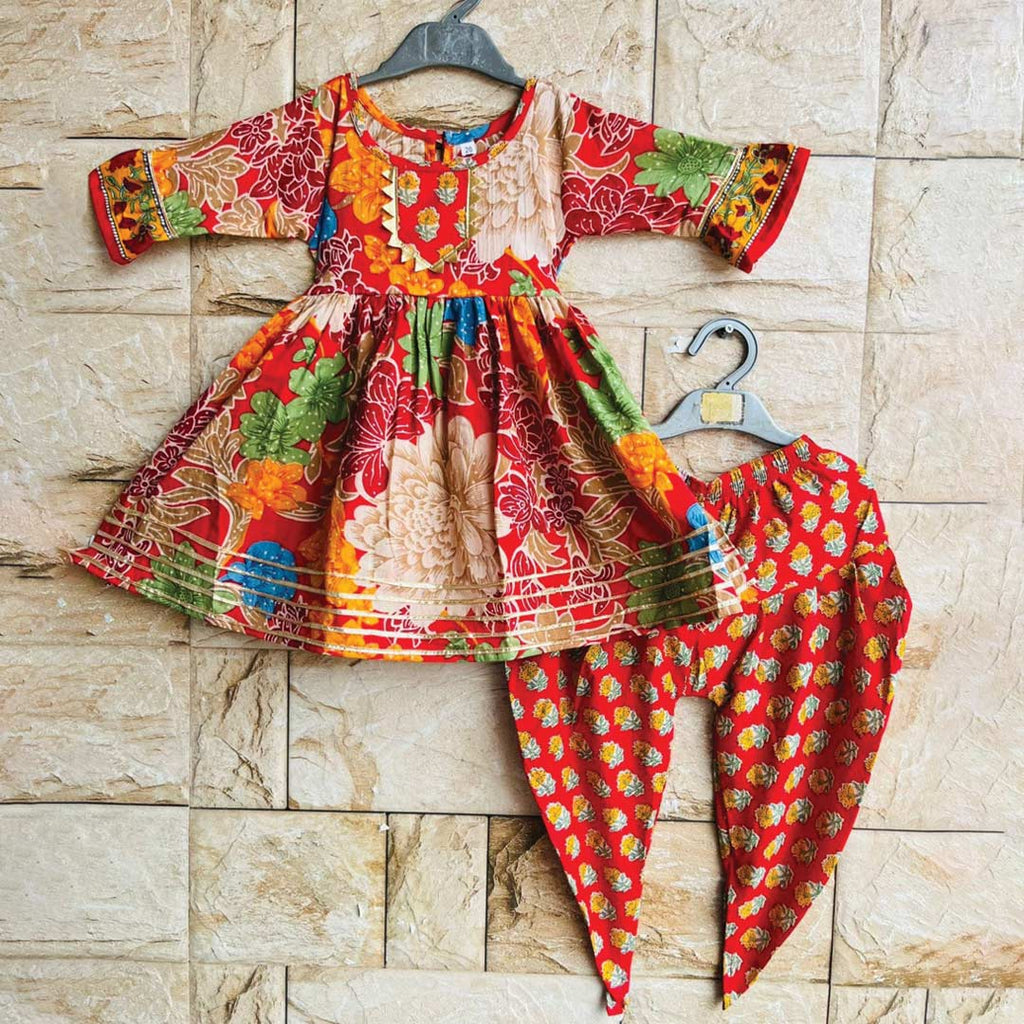 Red Floral Cotton Peplum Top with Dhoti Pants for Girls