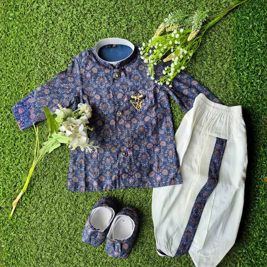 Royal Blue Printed Kurta Dhoti Set for Baby Boys (Cotton Silk, 6M–2.5Y)