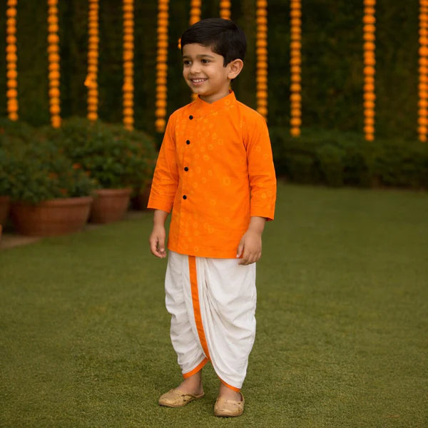 Orange Bandhani Cotton Kurta with Side Button & Dhoti Pants for Boys
