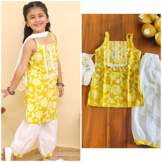 Sunshine Yellow Sleeveless Cotton Kurta with White Afghani Pants and Dupatta for Girls