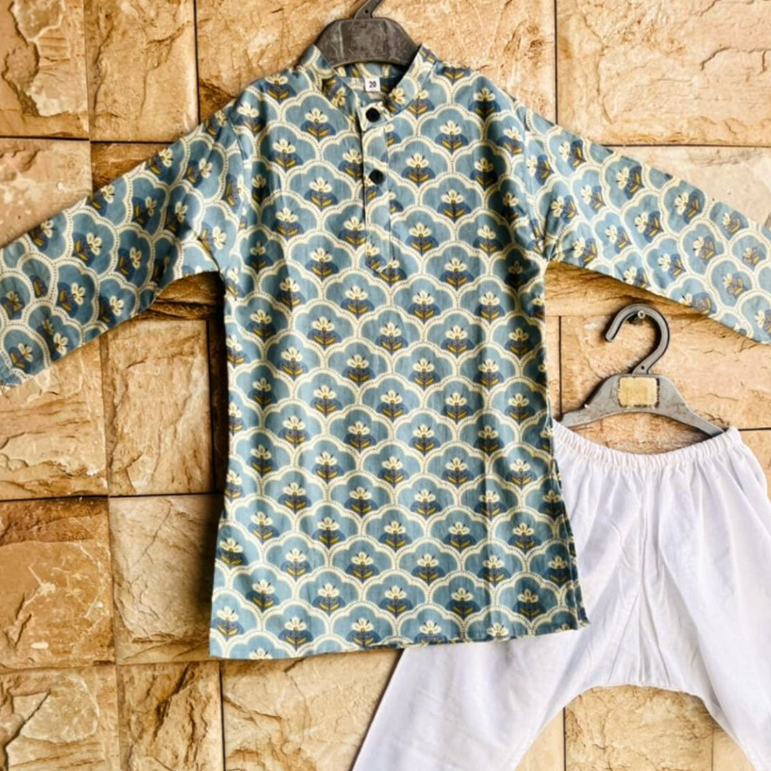 English Blue Printed Cotton Kurta Pyjama for Boys