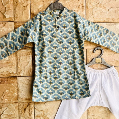 English Blue Printed Cotton Kurta Pyjama for Boys