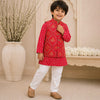 Red Bandhini Print Bundi Set with White Pyjama for Boys