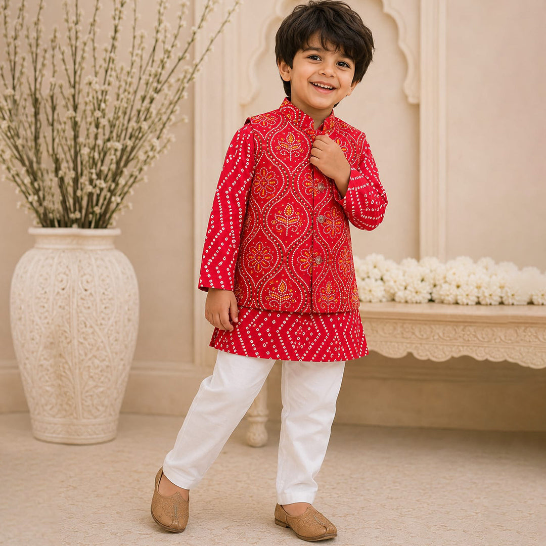 Red Bandhini Print Bundi Set with White Pyjama for Boys