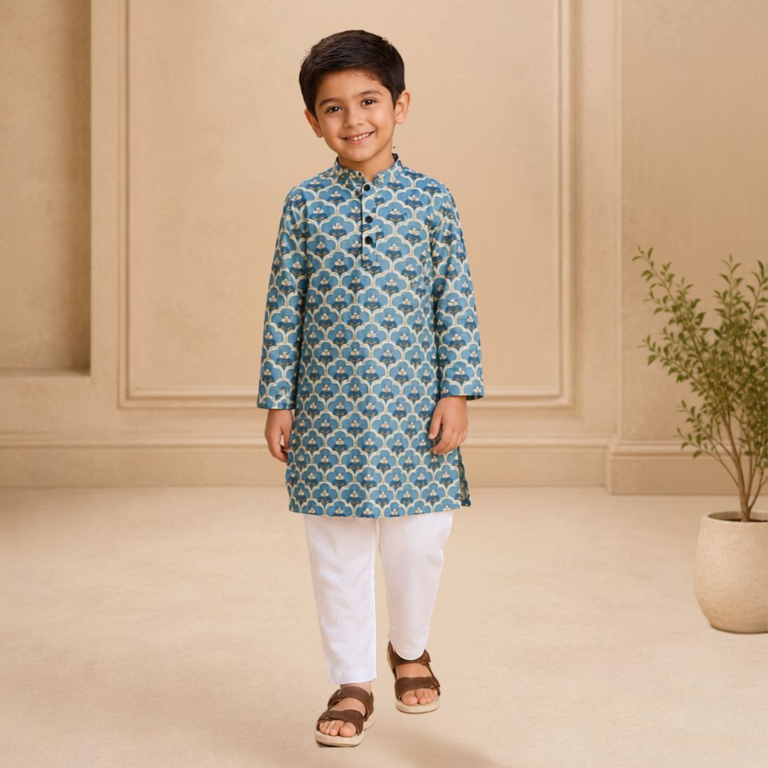 English Blue Printed Cotton Kurta Pyjama for Boys