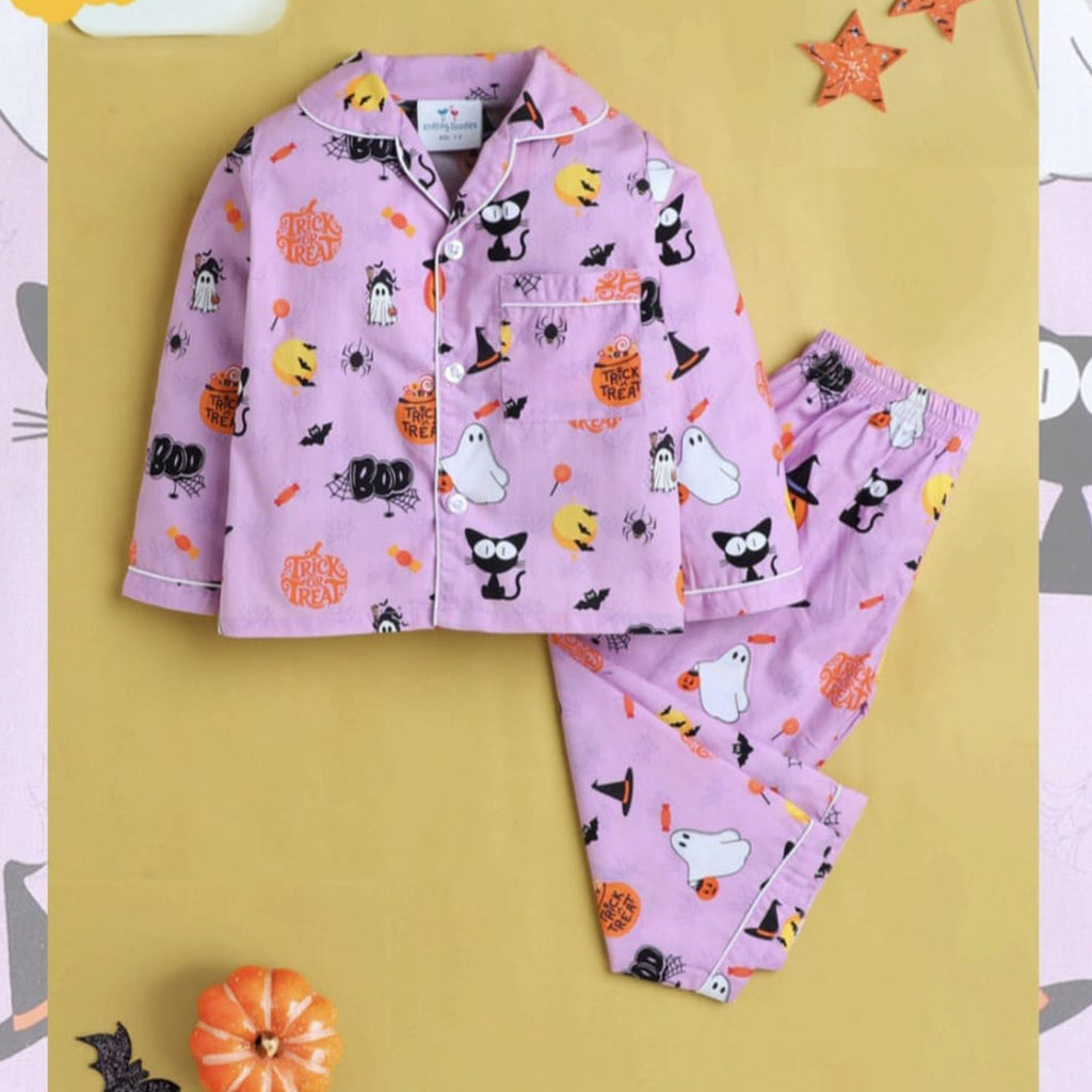 Halloween Pumpkin and Ghosts Print Purple Nightsuit