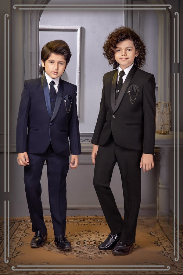 Boys Navy & Black Formal Suit Sets with Tie, Shirt, Waist Coat, Blazer & Trousers (5-Piece)