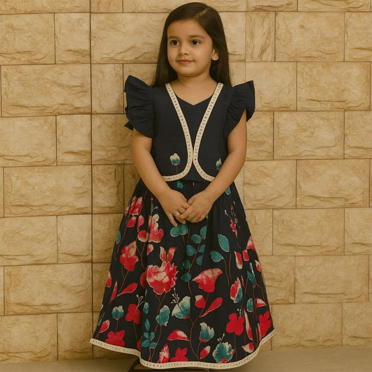Dark Blue Floral Cotton Lehenga Skirt with Stylish Top for Girls