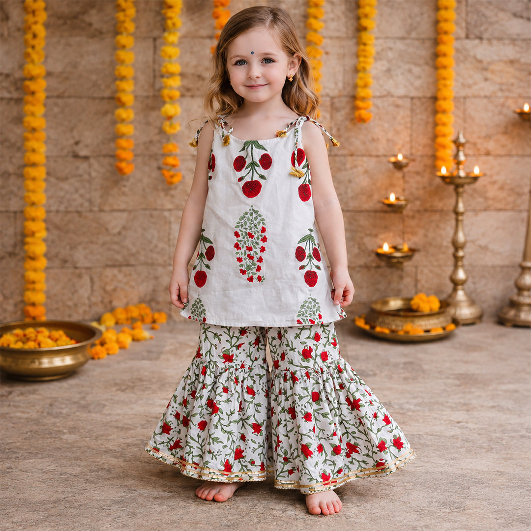 White & Red Floral Block Print Sleeveless Kurti with Sharara