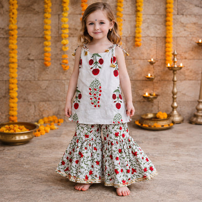 White & Red Floral Block Print Sleeveless Kurti with Sharara